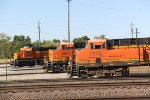 Trio of BNSF engines in Temple, Texas. Taken from depot model railroad porch. Includes an ATSF commemorative unit in center.